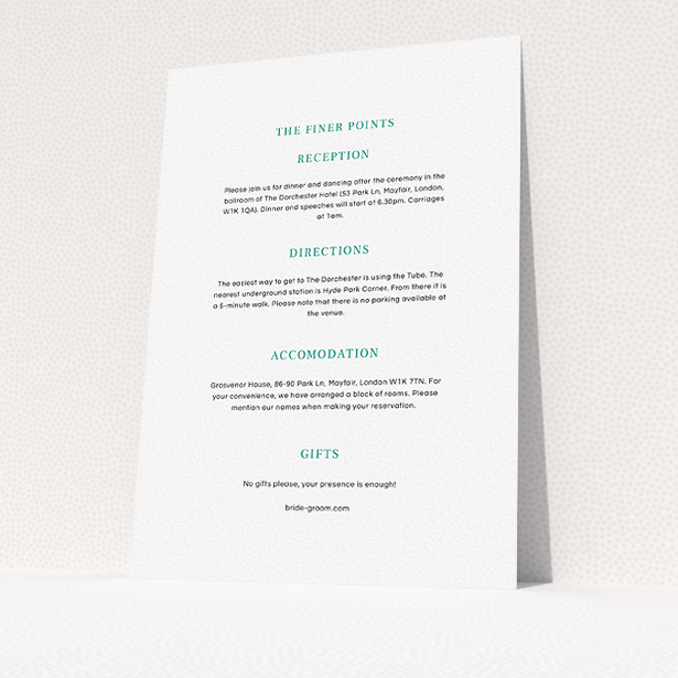 A wedding information sheet design called "Laydown simple". It is an A5 card in a portrait orientation. "Laydown simple" is available as a flat card, with mainly white colouring.