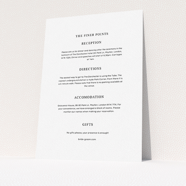 A wedding information sheet called "Laydown simple". It is an A5 card in a portrait orientation. "Laydown simple" is available as a flat card, with mainly white colouring.