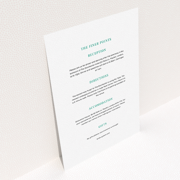A wedding information sheet design called "Laydown simple". It is an A5 card in a portrait orientation. "Laydown simple" is available as a flat card, with mainly white colouring.