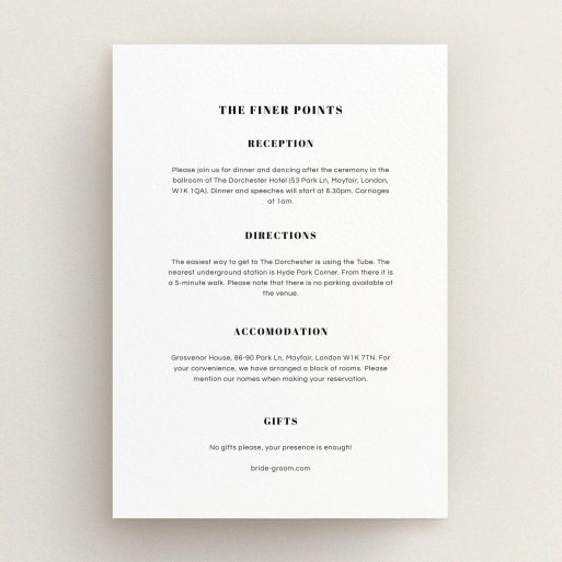 Wedding Information Insert Sheets - Lines With A Thick Border (Black) A wedding information sheet called "Lines with a thick border". It is an A5 card in a portrait orientation. "Lines with a thick border" is available as a flat card, with mainly white colouring.