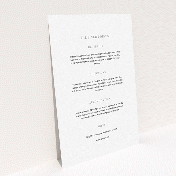 A wedding information sheet design titled "Lines with a thick border". It is an A5 card in a portrait orientation. "Lines with a thick border" is available as a flat card, with mainly white colouring.