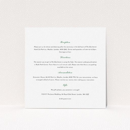 A wedding information sheet design named "Lovebirds". It is a square (148mm x 148mm) card in a square orientation. "Lovebirds" is available as a flat card, with mainly white colouring.