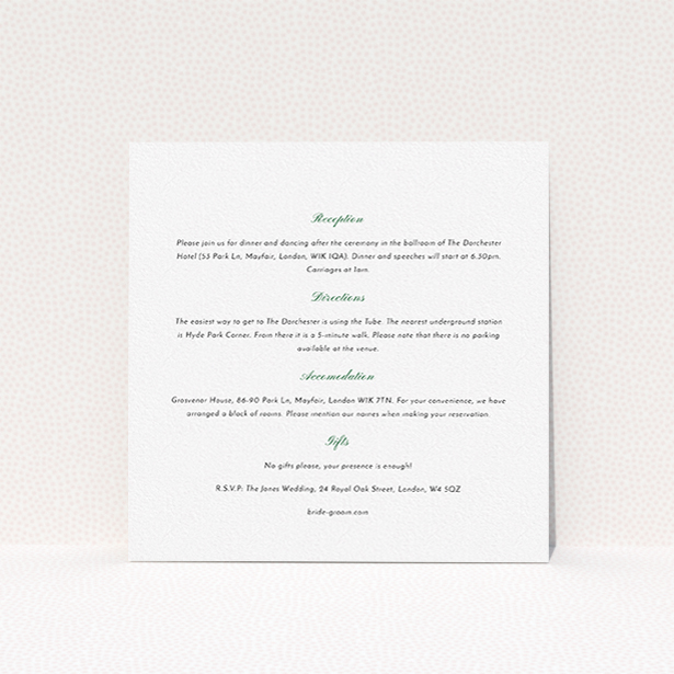 A wedding information sheet design named "Lovebirds". It is a square (148mm x 148mm) card in a square orientation. "Lovebirds" is available as a flat card, with mainly white colouring.
