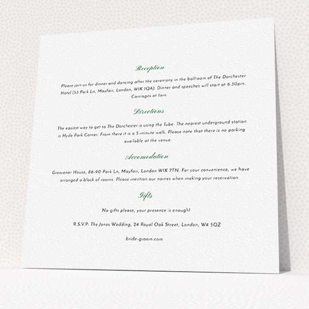 A wedding information sheet design named "Lovebirds". It is a square (148mm x 148mm) card in a square orientation. "Lovebirds" is available as a flat card, with mainly white colouring.