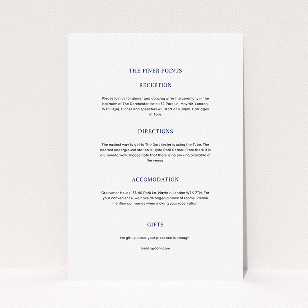 A wedding information sheet design called "Lucky horse shoe". It is an A5 card in a portrait orientation. "Lucky horse shoe" is available as a flat card, with mainly white colouring.