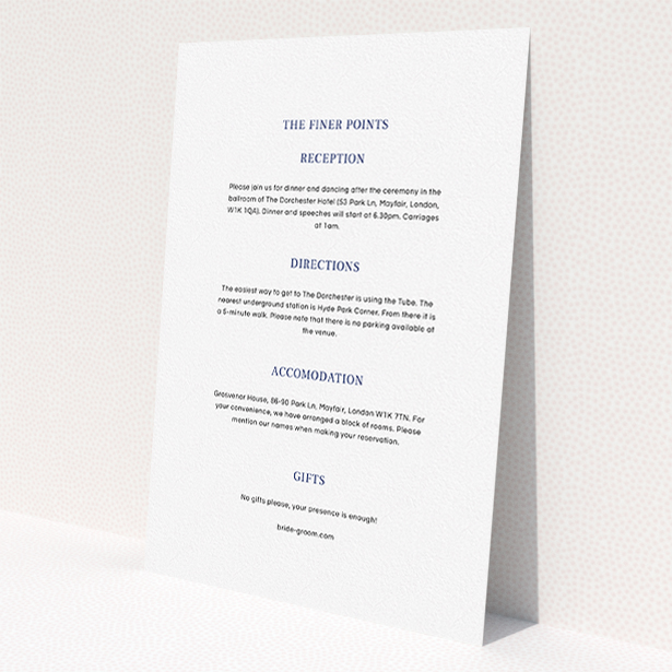 A wedding information sheet design called "Lucky horse shoe". It is an A5 card in a portrait orientation. "Lucky horse shoe" is available as a flat card, with mainly white colouring.