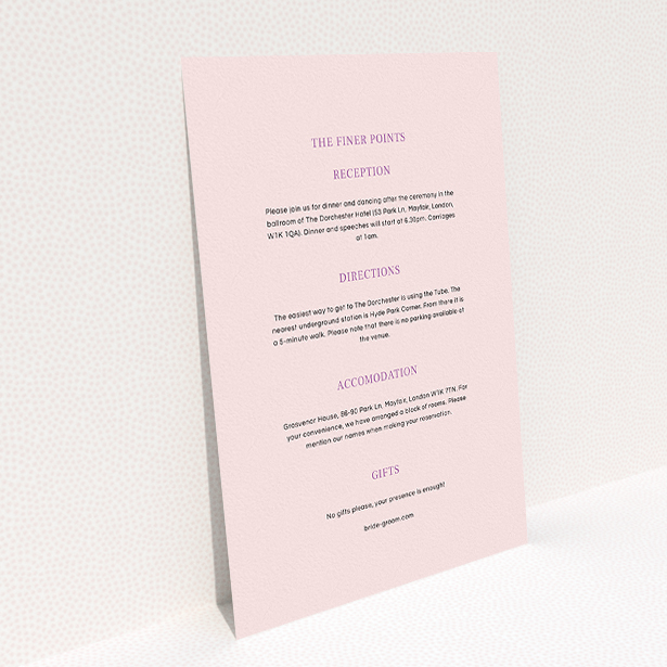 A wedding information sheet design called "Lucky horse shoe". It is an A5 card in a portrait orientation. "Lucky horse shoe" is available as a flat card, with mainly light pink colouring.