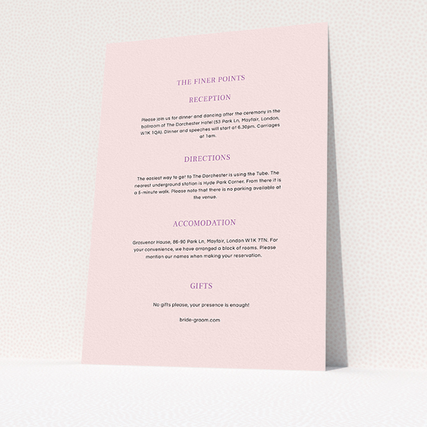 A wedding information sheet design called "Lucky horse shoe". It is an A5 card in a portrait orientation. "Lucky horse shoe" is available as a flat card, with mainly light pink colouring.