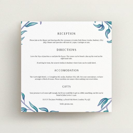 Wedding Information Sheet Design - "Marine Wreath" A wedding information sheet design titled "Marine Wreath". It is a square (148mm x 148mm) card in a square orientation. "Marine Wreath" is available as a flat card, with tones of blue and white.