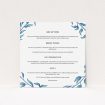 A wedding information sheet design titled "Marine Wreath". It is a square (148mm x 148mm) card in a square orientation. "Marine Wreath" is available as a flat card, with tones of blue and white.