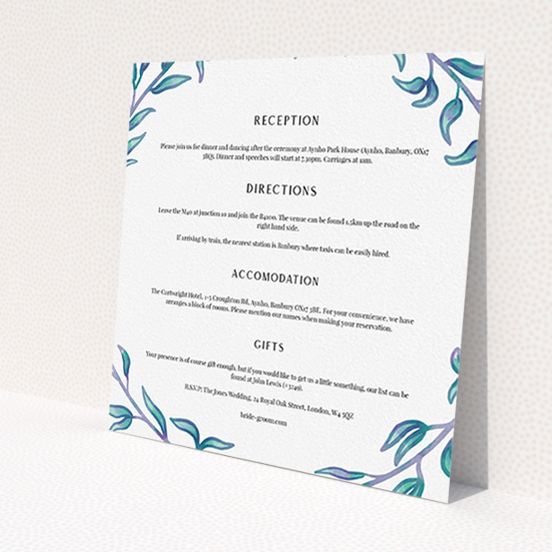 A wedding information sheet design titled 'Marine Wreath'. It is a square (148mm x 148mm) card in a square orientation. 'Marine Wreath' is available as a flat card, with tones of blue and white.