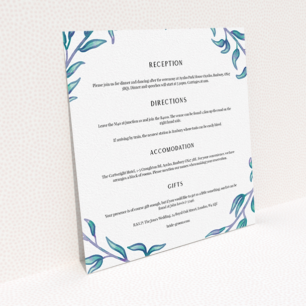 A wedding information sheet design titled "Marine Wreath". It is a square (148mm x 148mm) card in a square orientation. "Marine Wreath" is available as a flat card, with tones of blue and white.