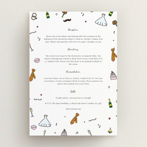 Wedding Information Sheet Design - "Matrimonial Doodles" A wedding information sheet design titled "Matrimonial Doodles". It is an A5 card in a portrait orientation. "Matrimonial Doodles" is available as a flat card, with tones of white and yellow.