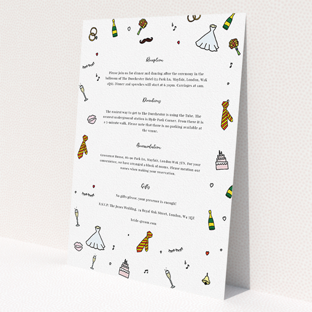 A wedding information sheet design titled 'Matrimonial Doodles'. It is an A5 card in a portrait orientation. 'Matrimonial Doodles' is available as a flat card, with tones of white and yellow.