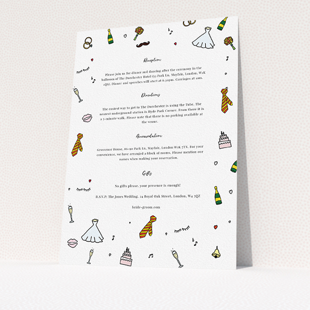 A wedding information sheet design titled "Matrimonial Doodles". It is an A5 card in a portrait orientation. "Matrimonial Doodles" is available as a flat card, with tones of white and yellow.