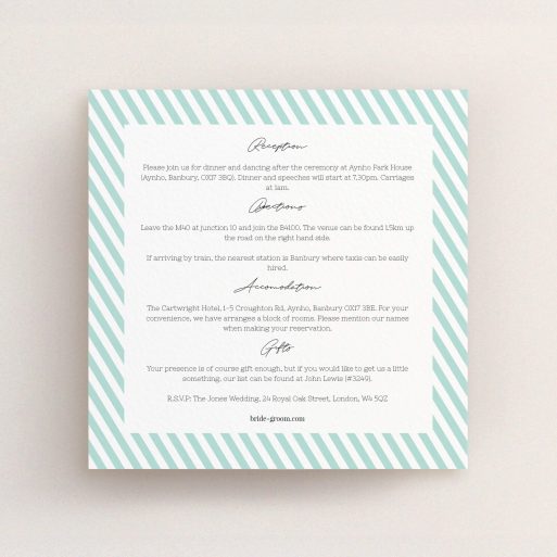 Wedding Information Sheet Design - "Mint Diagonals" A wedding information sheet design called "Mint Diagonals". It is a square (148mm x 148mm) card in a square orientation. "Mint Diagonals" is available as a flat card, with tones of duck shell green and white.