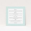 A wedding information sheet design called "Mint Diagonals". It is a square (148mm x 148mm) card in a square orientation. "Mint Diagonals" is available as a flat card, with tones of duck shell green and white.