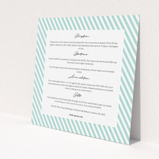 A wedding information sheet design called 'Mint Diagonals'. It is a square (148mm x 148mm) card in a square orientation. 'Mint Diagonals' is available as a flat card, with tones of duck shell green and white.