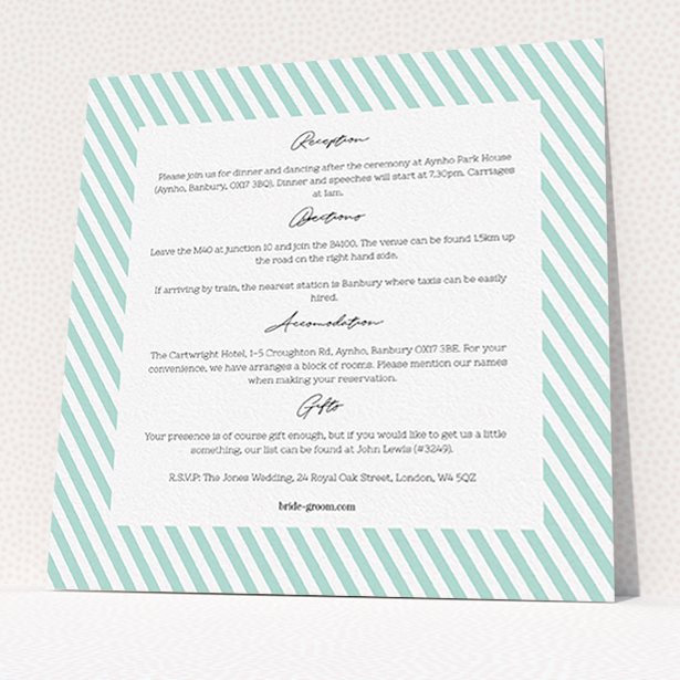 A wedding information sheet design called "Mint Diagonals". It is a square (148mm x 148mm) card in a square orientation. "Mint Diagonals" is available as a flat card, with tones of duck shell green and white.