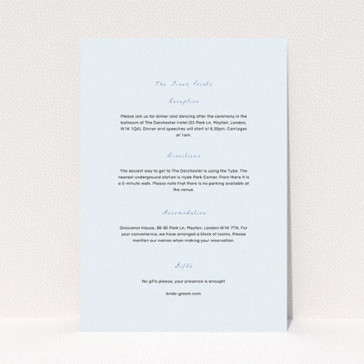 A wedding information sheet design titled "My little daisy". It is an A5 card in a portrait orientation. "My little daisy" is available as a flat card, with mainly light blue colouring.