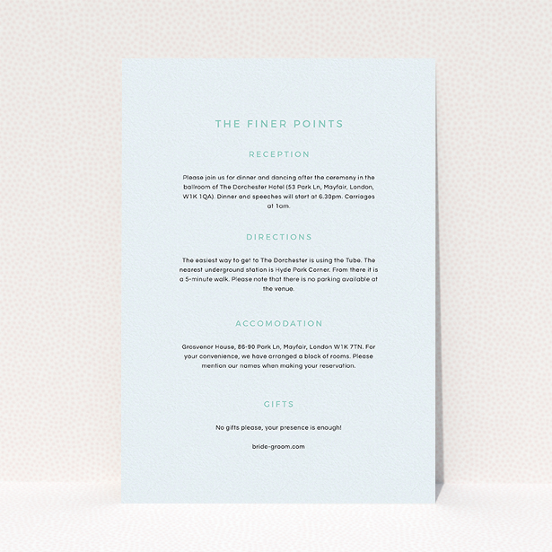 A wedding information sheet design called "My little penguin". It is an A5 card in a portrait orientation. "My little penguin" is available as a flat card, with mainly light blue colouring.