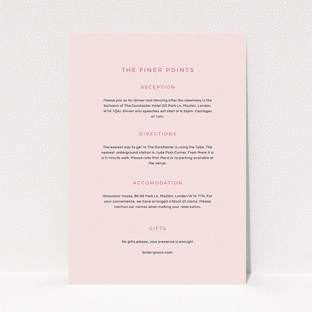 A wedding information sheet design named "My little penguin". It is an A5 card in a portrait orientation. "My little penguin" is available as a flat card, with mainly light pink colouring.