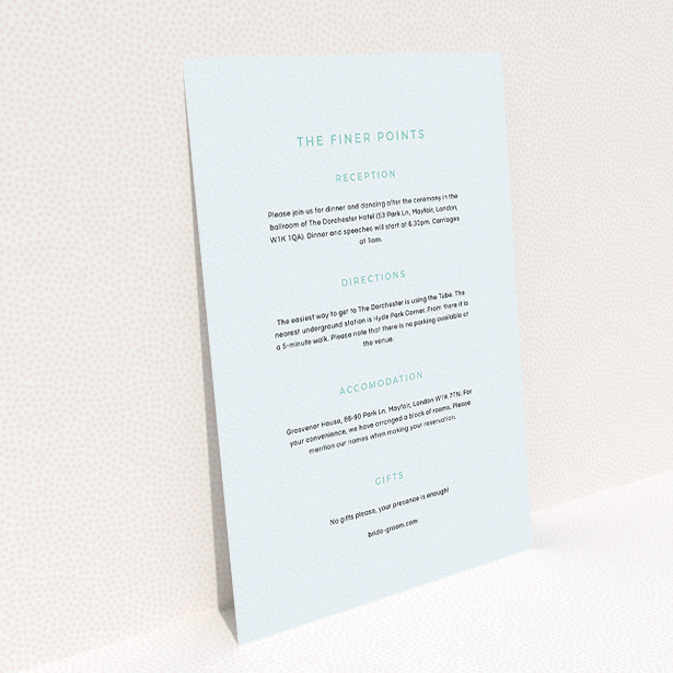 A wedding information sheet design called "My little penguin". It is an A5 card in a portrait orientation. "My little penguin" is available as a flat card, with mainly light blue colouring.