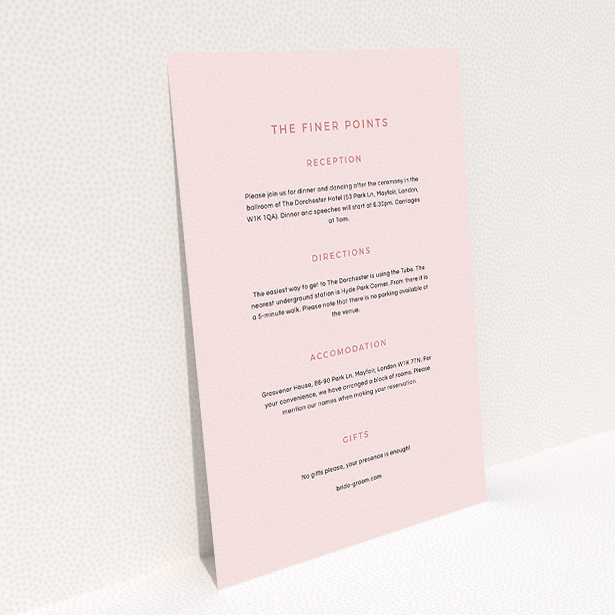 A wedding information sheet design named "My little penguin". It is an A5 card in a portrait orientation. "My little penguin" is available as a flat card, with mainly light pink colouring.