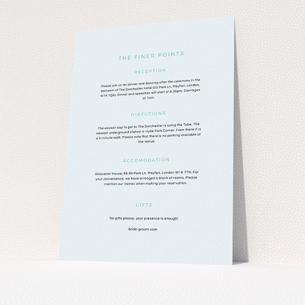 A wedding information sheet design called "My little penguin". It is an A5 card in a portrait orientation. "My little penguin" is available as a flat card, with mainly light blue colouring.