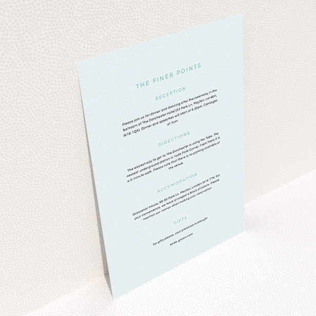 A wedding information sheet design called "My little penguin". It is an A5 card in a portrait orientation. "My little penguin" is available as a flat card, with mainly light blue colouring.