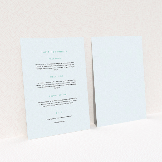 A wedding information sheet design called "My little penguin". It is an A5 card in a portrait orientation. "My little penguin" is available as a flat card, with mainly light blue colouring.
