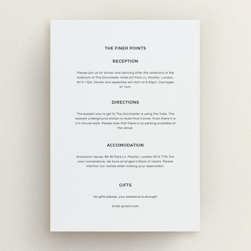 Wedding Information Sheet Design - "Newsreel" A wedding information sheet named "Newsreel". It is an A5 card in a portrait orientation. "Newsreel" is available as a flat card, with mainly grey colouring.