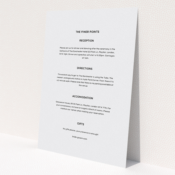 A wedding information sheet named 'Newsreel'. It is an A5 card in a portrait orientation. 'Newsreel' is available as a flat card, with mainly grey colouring.