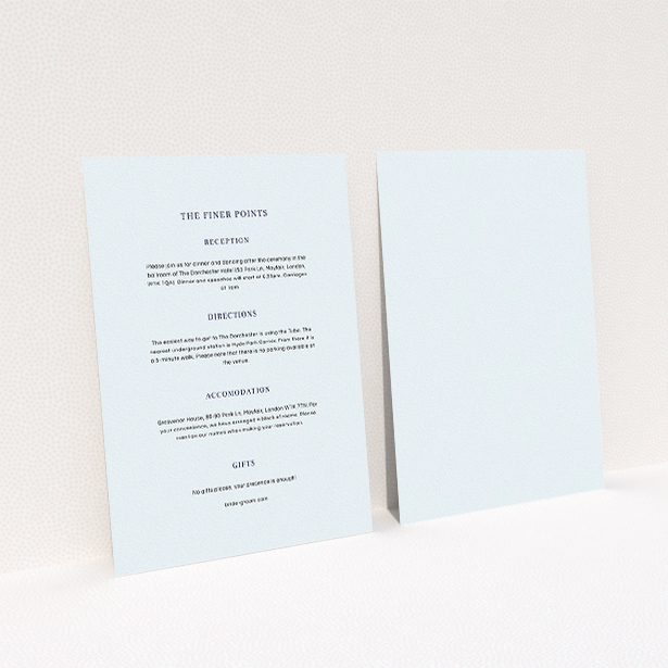 A wedding information sheet named "Nice and square". It is an A5 card in a portrait orientation. "Nice and square" is available as a flat card, with mainly light blue colouring.