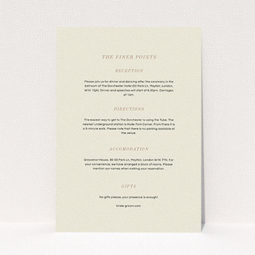 A wedding information sheet design named "Nice and square". It is an A6 card in a portrait orientation. "Nice and square" is available as a flat card, with mainly cream colouring.