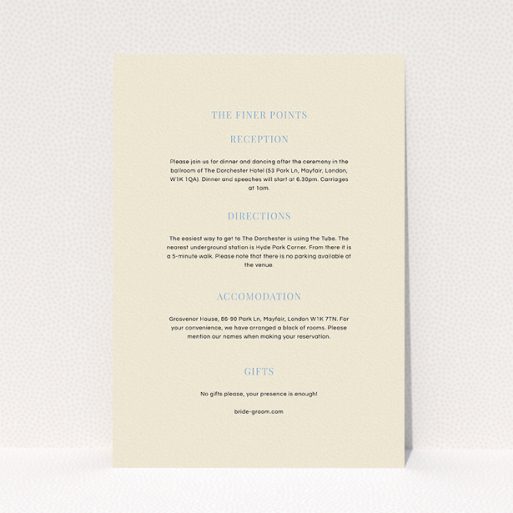 A wedding information sheet design named "North Star". It is an A5 card in a portrait orientation. "North Star" is available as a flat card, with mainly cream colouring.