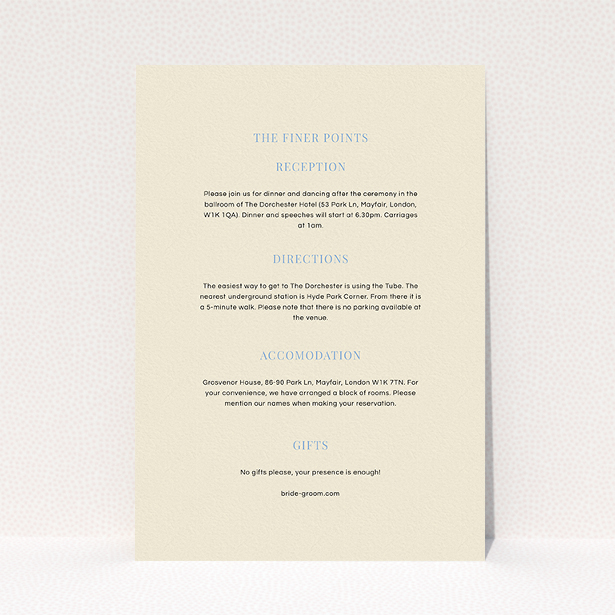 A wedding information sheet design named "North Star". It is an A5 card in a portrait orientation. "North Star" is available as a flat card, with mainly cream colouring.