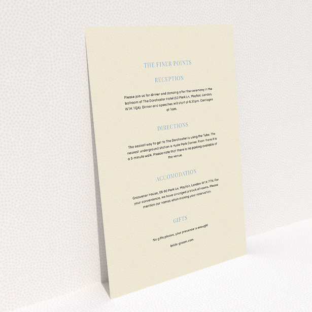 A wedding information sheet design named "North Star". It is an A5 card in a portrait orientation. "North Star" is available as a flat card, with mainly cream colouring.