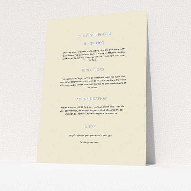 A wedding information sheet design named "North Star". It is an A5 card in a portrait orientation. "North Star" is available as a flat card, with mainly cream colouring.