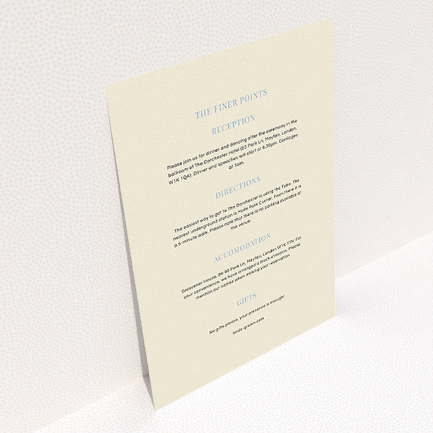 A wedding information sheet design named "North Star". It is an A5 card in a portrait orientation. "North Star" is available as a flat card, with mainly cream colouring.