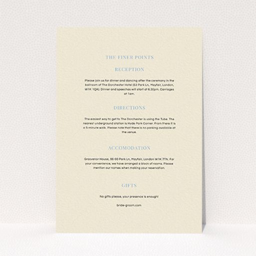 A wedding information sheet template titled "North Star". It is an A6 card in a portrait orientation. "North Star" is available as a flat card, with mainly cream colouring.