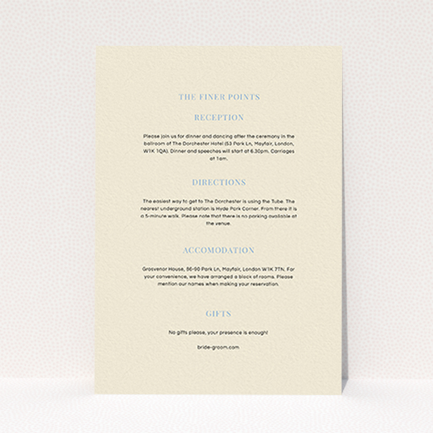 A wedding information sheet template titled "North Star". It is an A6 card in a portrait orientation. "North Star" is available as a flat card, with mainly cream colouring.