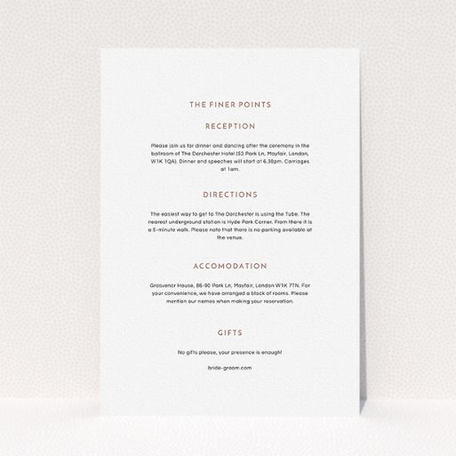 A wedding information sheet called "Off and away". It is an A5 card in a portrait orientation. "Off and away" is available as a flat card, with mainly white colouring.