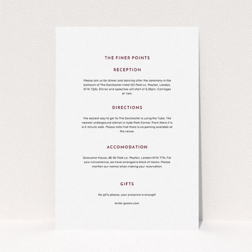 A wedding information sheet design named "Off and away". It is an A5 card in a portrait orientation. "Off and away" is available as a flat card, with mainly white colouring.