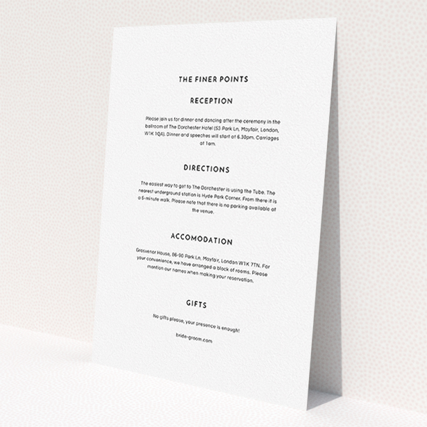 A wedding information sheet named 'Off and away'. It is an A5 card in a portrait orientation. 'Off and away' is available as a flat card, with mainly white colouring.