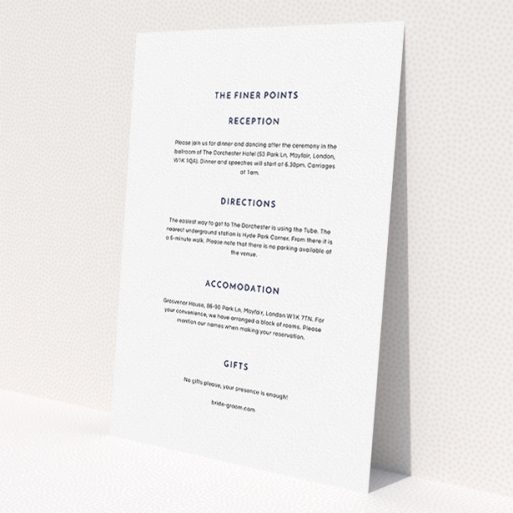 A wedding information sheet design titled 'Off and away'. It is an A5 card in a portrait orientation. 'Off and away' is available as a flat card, with mainly white colouring.