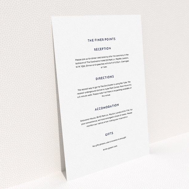 A wedding information sheet design titled "Off and away". It is an A5 card in a portrait orientation. "Off and away" is available as a flat card, with mainly white colouring.