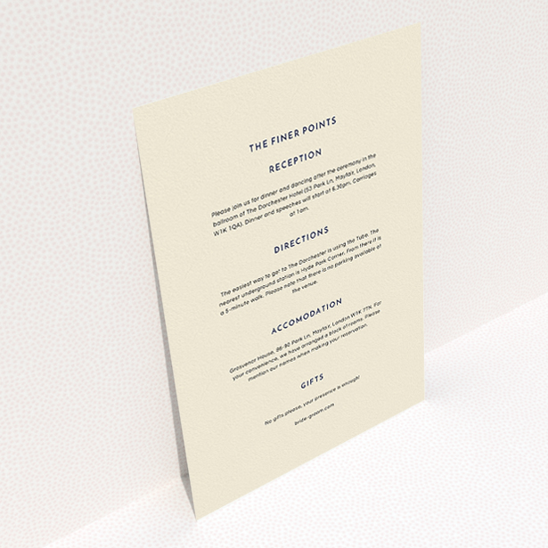 A wedding information sheet design named "Off and away". It is an A5 card in a portrait orientation. "Off and away" is available as a flat card, with mainly cream colouring.