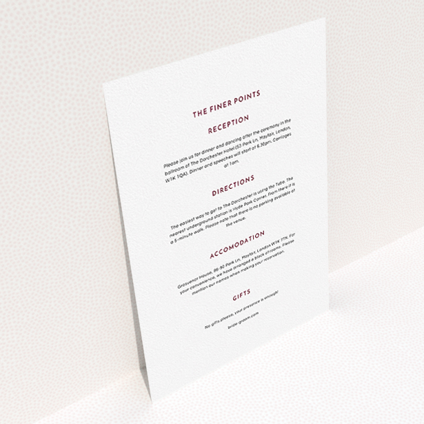 A wedding information sheet design named "Off and away". It is an A5 card in a portrait orientation. "Off and away" is available as a flat card, with mainly white colouring.