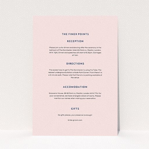 A wedding information sheet design called "Off and away". It is an A6 card in a portrait orientation. "Off and away" is available as a flat card, with mainly light pink colouring.